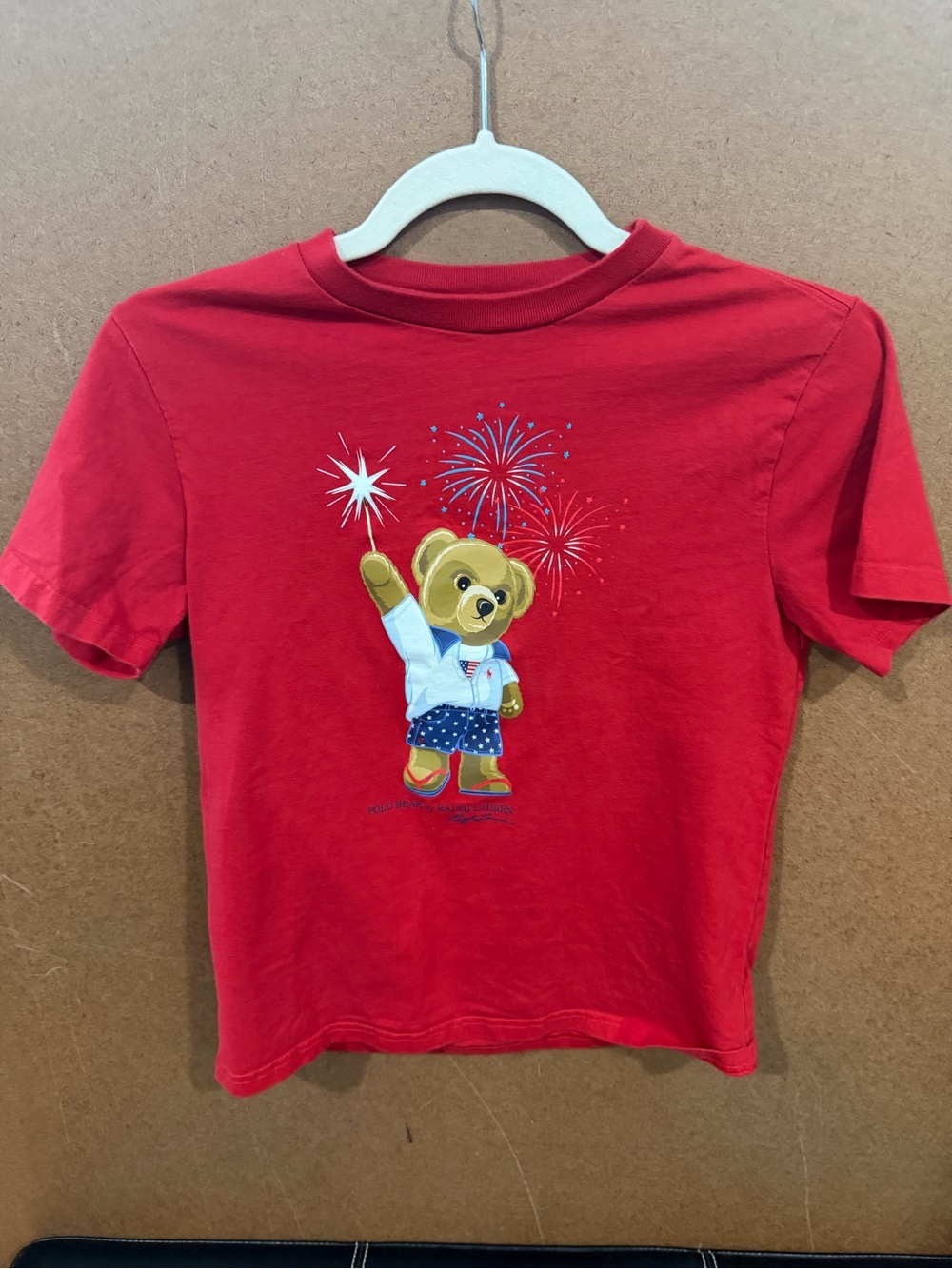 Polo Ralph Lauren Red Kids Bear Graphic Tee - Patriotic Sparkler 10/12 M